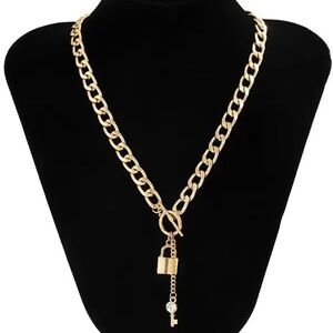 Chunky Gold Tone Rhinestone Key Charm Chain Lock and Key Toggle Necklace